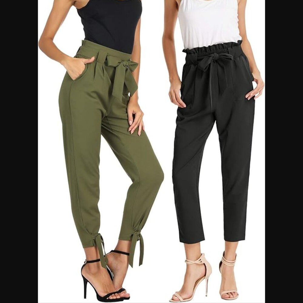 Grace Karin Cropped High Waist Pants | S | Stretch, Belted, Black Army Green NWT
